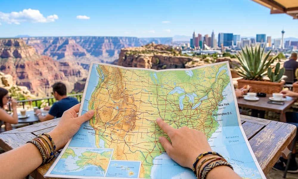 Kadar iz prvog lica na ruke sa šarenim narukvicama koje drže raširenu geografsku mapu SAD na drvenom stolu na terasi. Pogled se pruža na veličanstveni Grand Kanjon, modernu gradsku panoramu u daljini i plavo nebo sa oblacima. Slika je svetla, topla i živopisna.