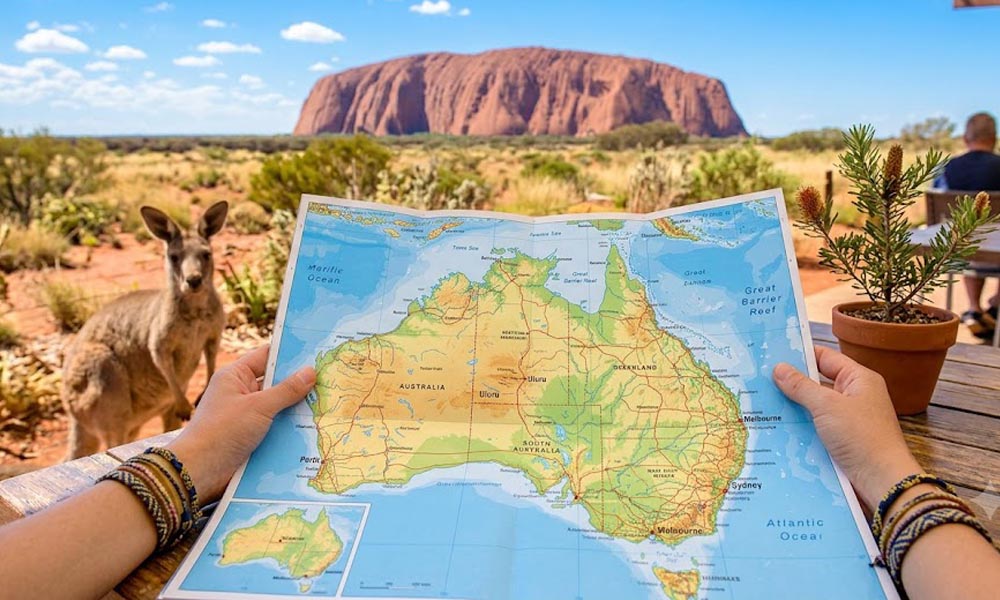 Kadar iz prvog lica na ruke sa šarenim narukvicama koje drže raširenu geografsku mapu Australije na drvenom stolu na otvorenoj terasi. U pozadini se vide crvena stena Uluru, malo kengurče pored stola i plavo sunčano nebo. Slika je svetla, topla i živopisna.
