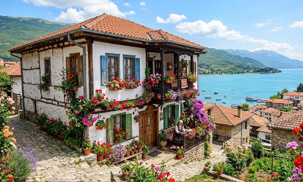 Kadar iz prvog lica na ruke koje drže geografsku kartu Ohrida na drvenom stolu u restoranu. Pogled se pruža na jezero i kuće u starom delu sa prepoznatljivim tradicionalnim čardacima u Ohridu. Slika je svetla i živopisna.