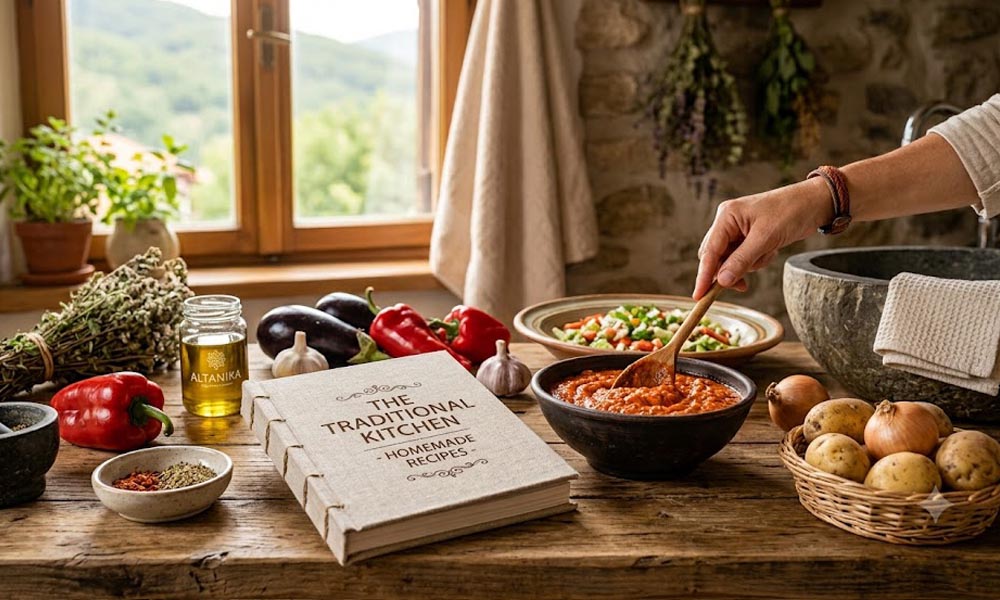 Rustikalna kuhinja sa otvorenom knjigom na engleskom „The Traditional Kitchen“, činija sa ajvarom i svežom paprikom, patlidžanom, lukom.