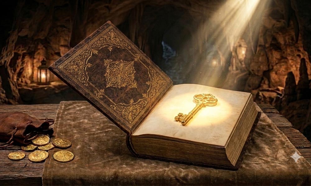 Отворена древна книга со златен клуч на страницата, осветлена од магични сончеви зраци и златни алтани покрај неа во пештерски амбиент